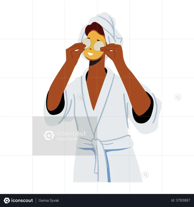 Woman Applying Facial Mask And Cucumber On Eyes  Illustration