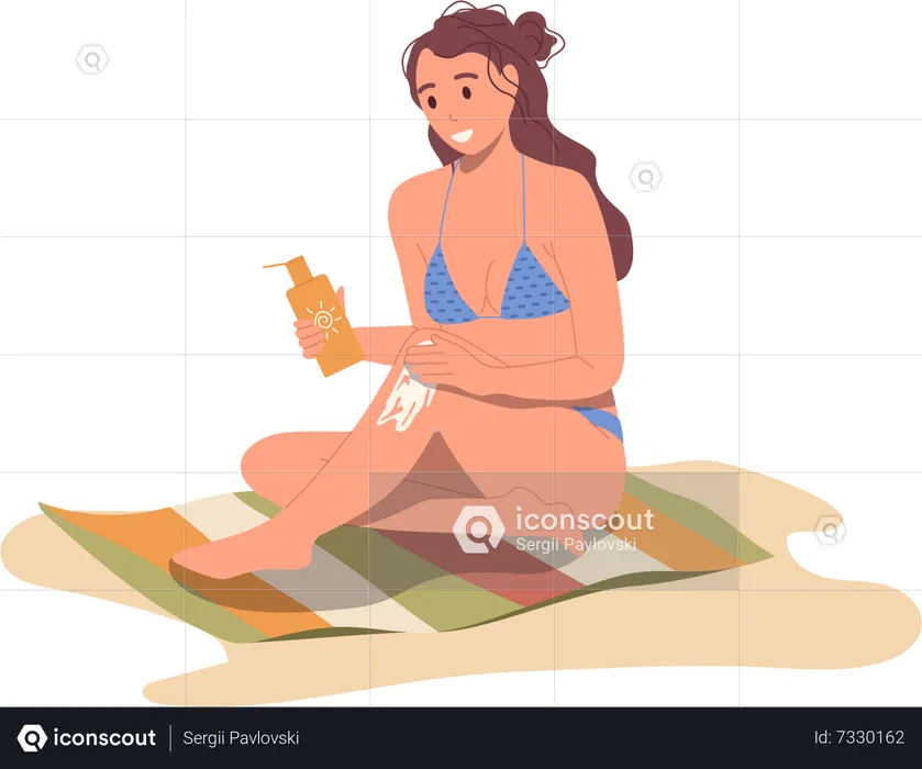 Woman applying sunscreen on legs to protect skin from sun  Illustration