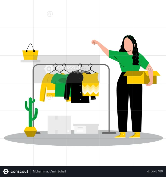 Woman arrange cloths in cloth shop  Illustration
