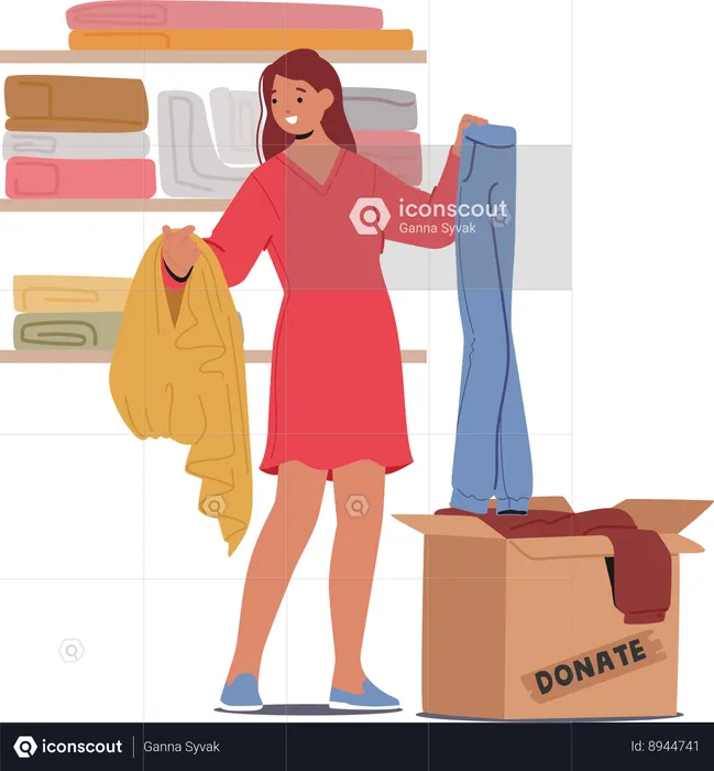 Woman arranges her clothes in donation box  Illustration
