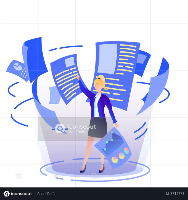 Woman arranging files and analytics in the office  Illustration