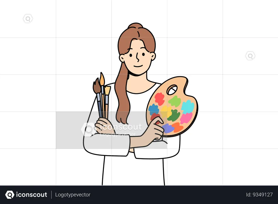 Woman artist holds brushes for painting and palette for mixing watercolor paints  Illustration