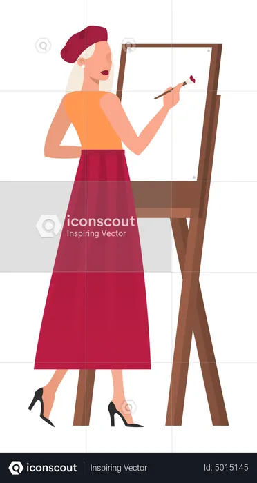 Woman artist standing at the easel and painting  Illustration