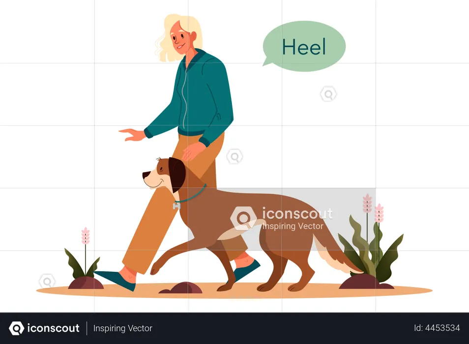 Woman asking to to heel command  Illustration