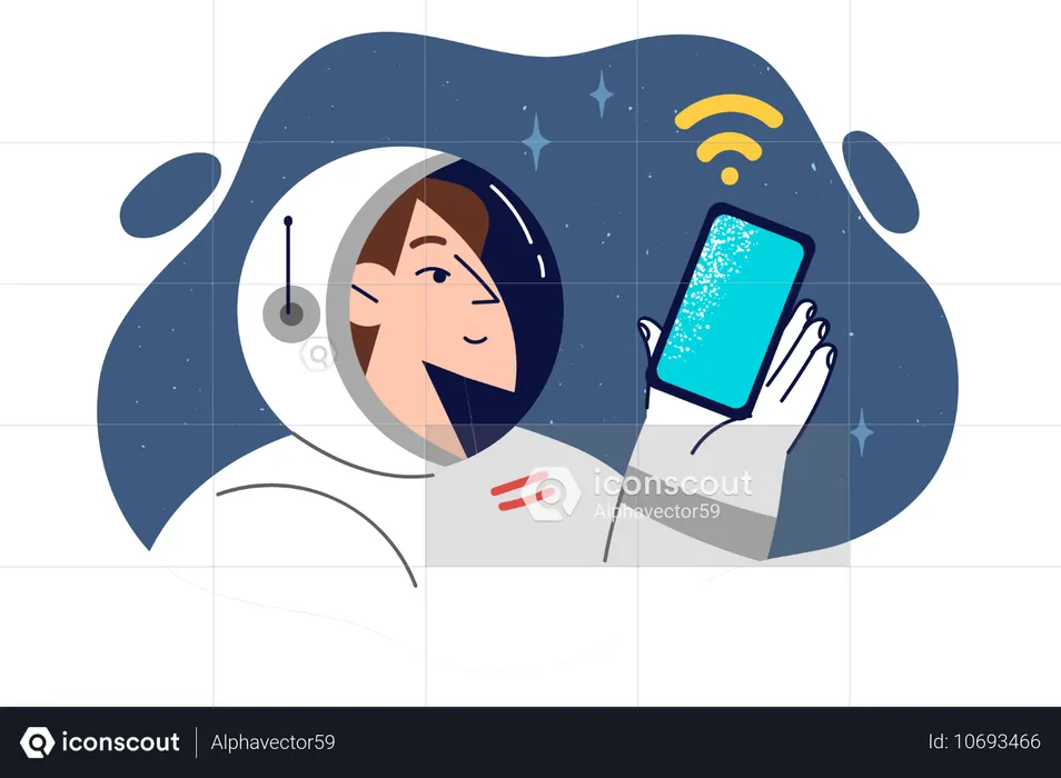 Woman astronaut holds smartphone while in space orbit  Illustration