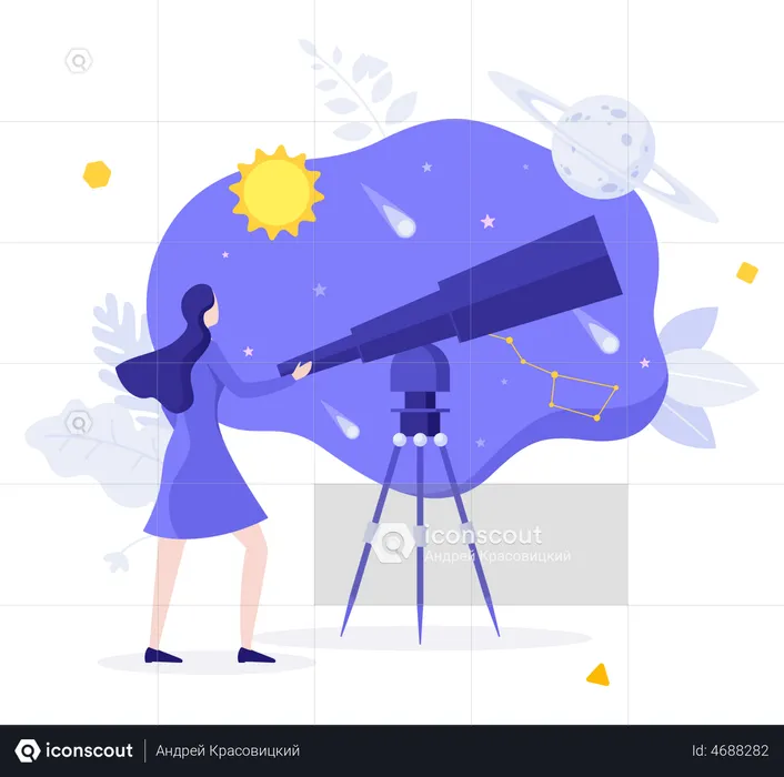 Woman Astronomer Observing Sky  Illustration