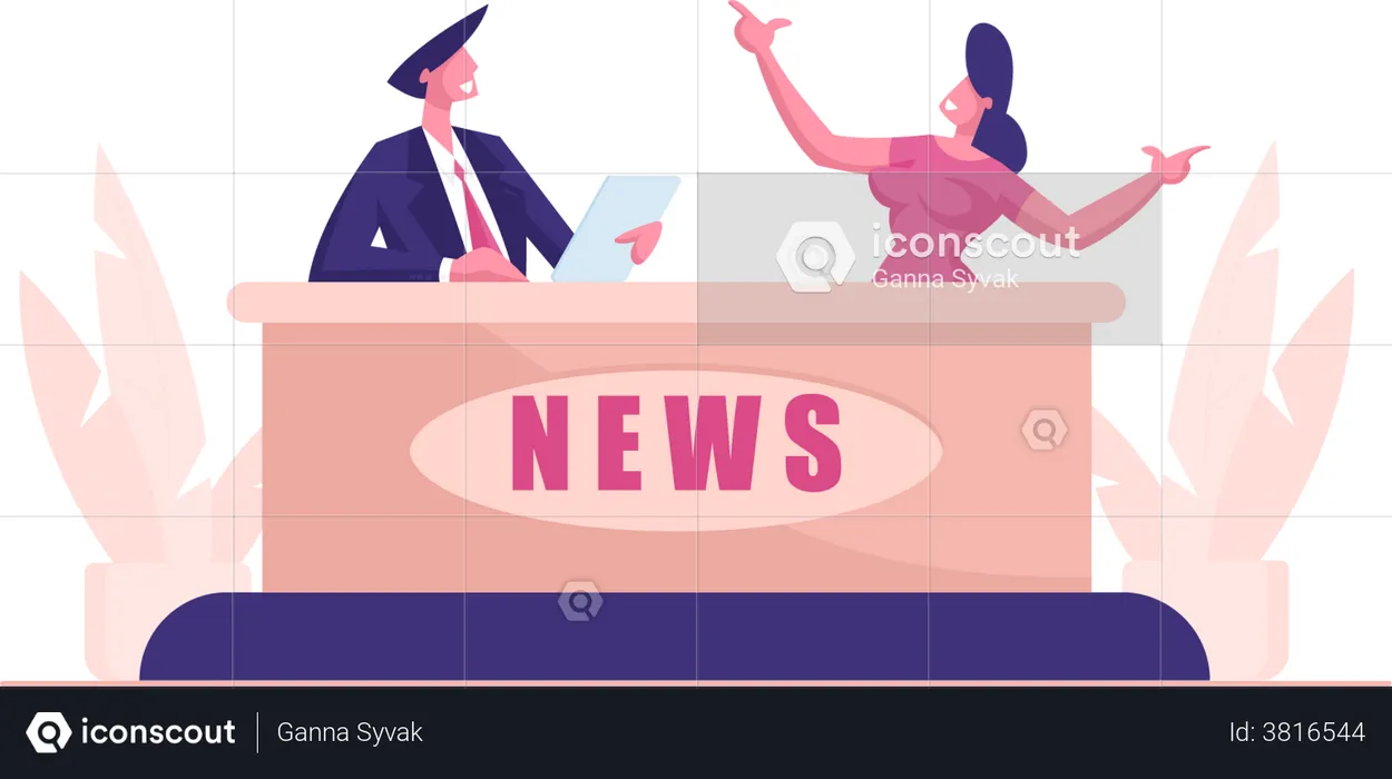 Woman at live television channel broadcast  Illustration