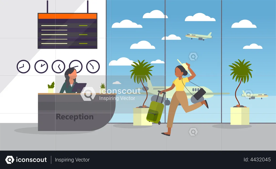 Woman at the airport running with luggage  Illustration