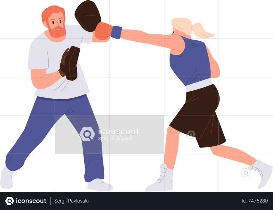 Woman athlete character in sportswear and gloves boxing with trainer wearing punching paws  Illustration