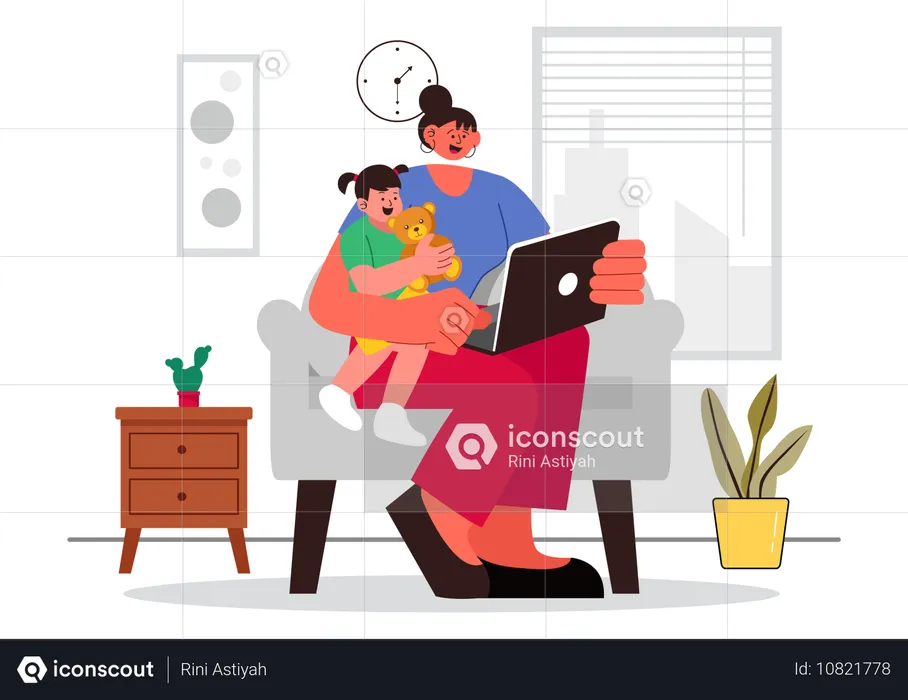 Woman attending call from home  Illustration