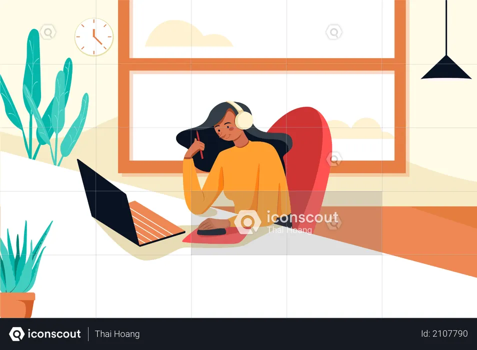 Woman attending online team meeting from home  Illustration