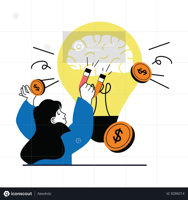 Woman attracting financial thoughts to brain  Illustration