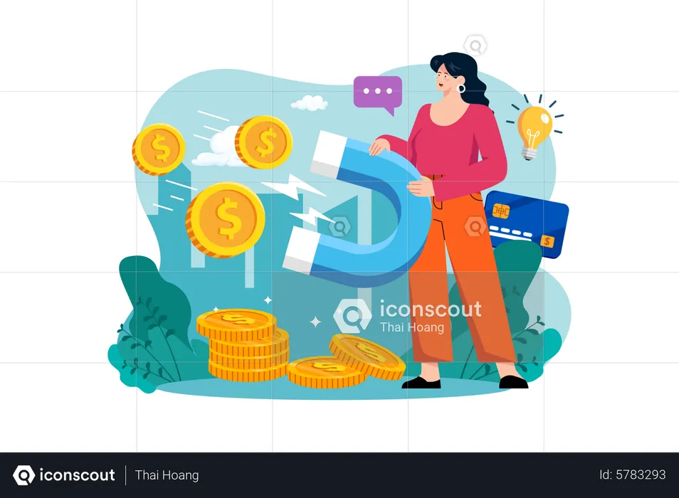 Woman attracts money magnetically  Illustration