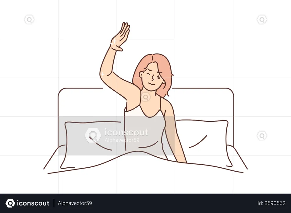 Woman awakes from bed in morning  Illustration