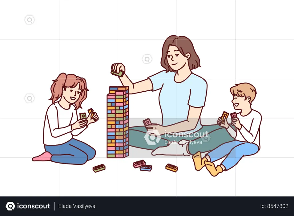 Woman babysitter with kids plays constructor building tower of children blocks in kindergarten  Illustration