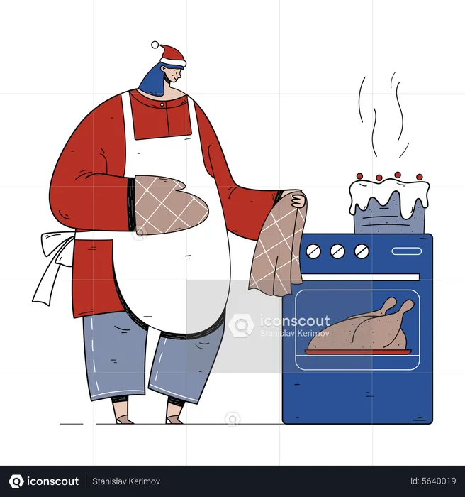 Woman baked Christmas turkey  Illustration