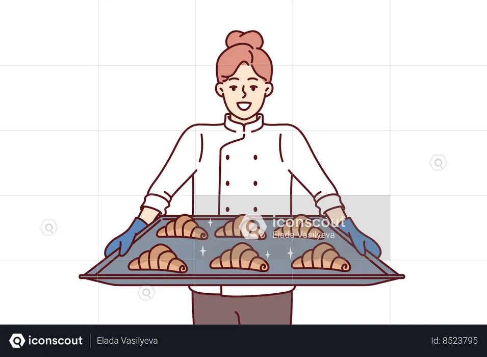 Woman baker holds tray of croissants  Illustration