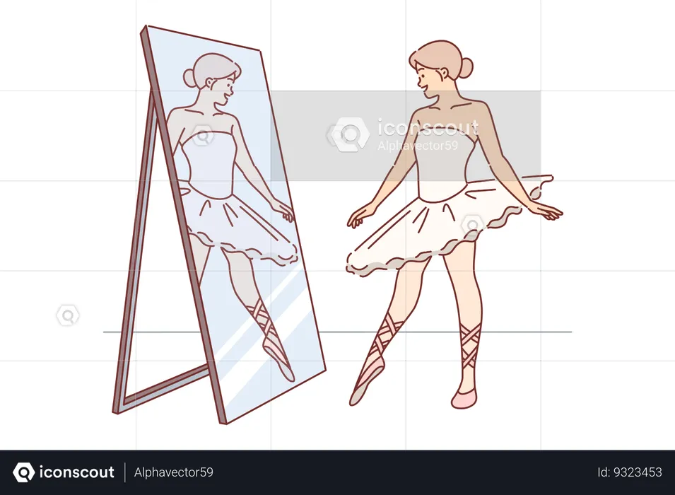 Woman ballerina looks in mirror with smile practicing to pull toe before performing on stage  Illustration