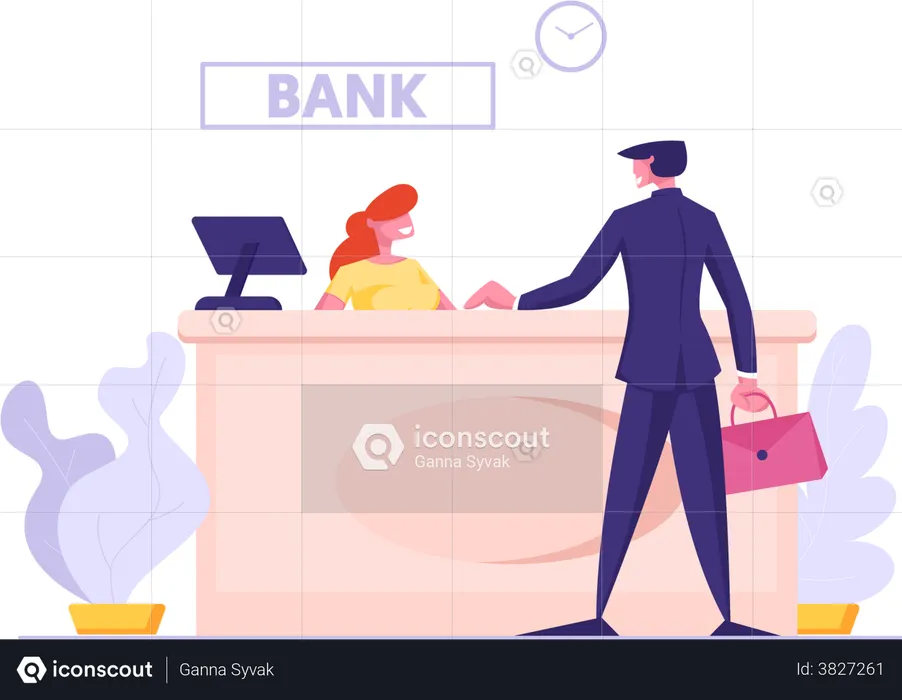Woman Bank Operator Sitting at Desk and Business Man Client Communication  Illustration