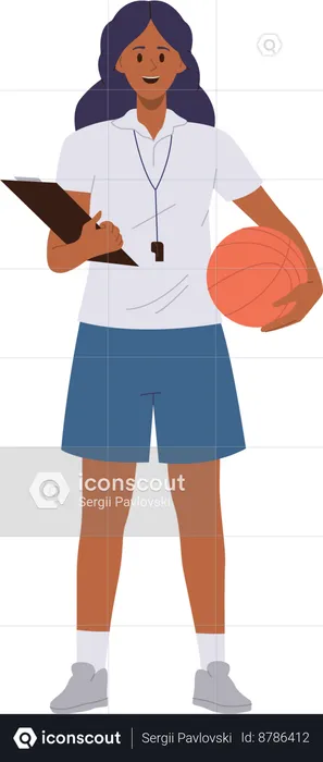 Woman basketball trainer standing with ball and clipboard  Illustration