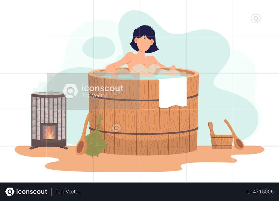 Woman bathing in barrel  Illustration