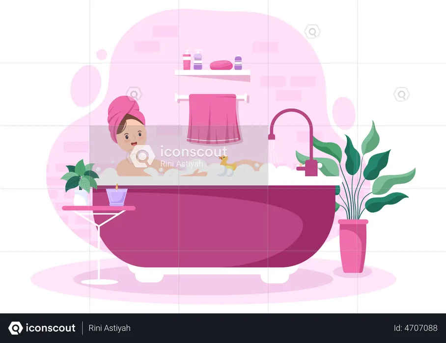 Woman bathing in bathtub  Illustration