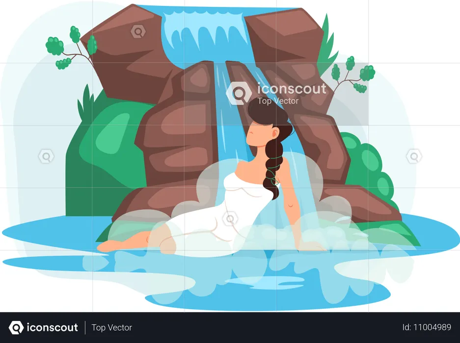 Woman bathing in waterfall  Illustration