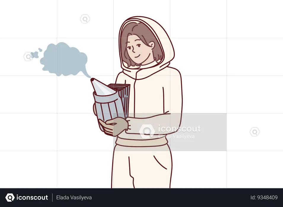Woman beekeeper in protective suit uses smoke dispenser to scare away bees and collect honey  Illustration