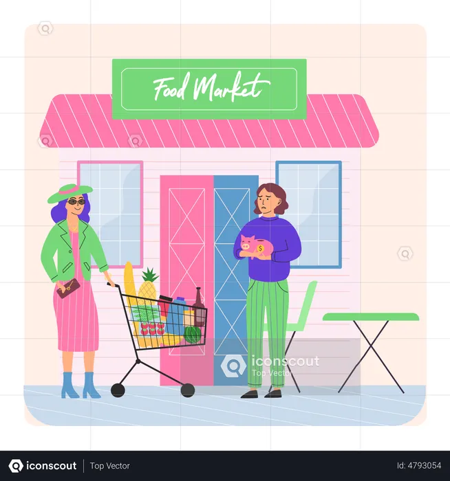 Woman begging for money from people doing shopping  Illustration