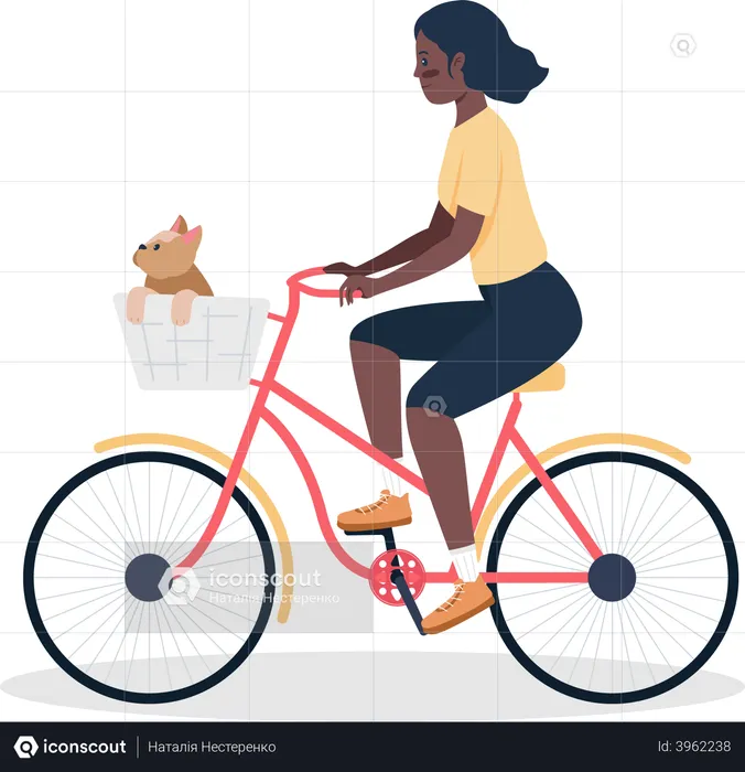 Woman biking with dog in basket  Illustration