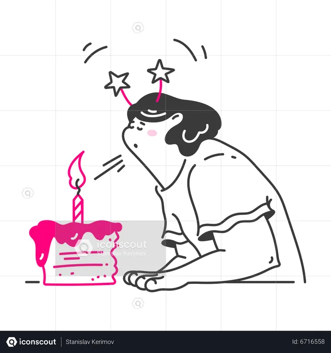 Woman blows out candle on cake  Illustration