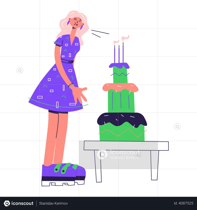Woman blows out the candles on the cake  Illustration