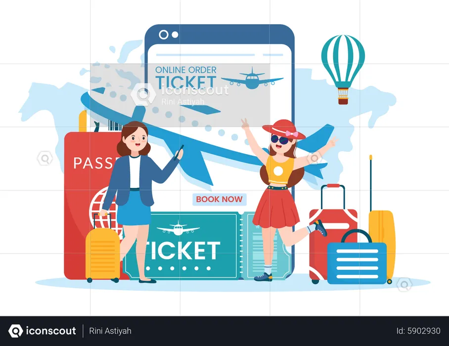 Woman book travel ticket using mobile app  Illustration