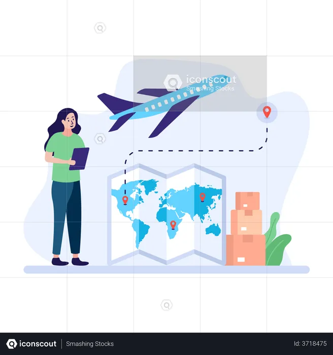 Woman booking flight and setting destination  Illustration