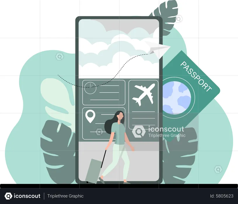 Woman booking flight ticket on mobile  Illustration