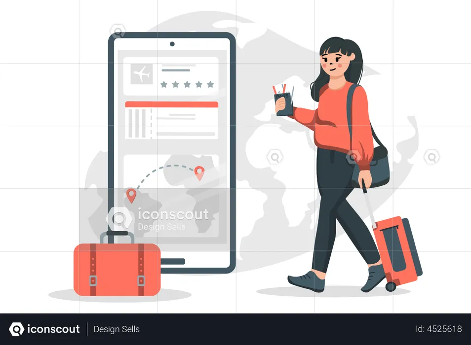 Woman booking flight using booking app  Illustration