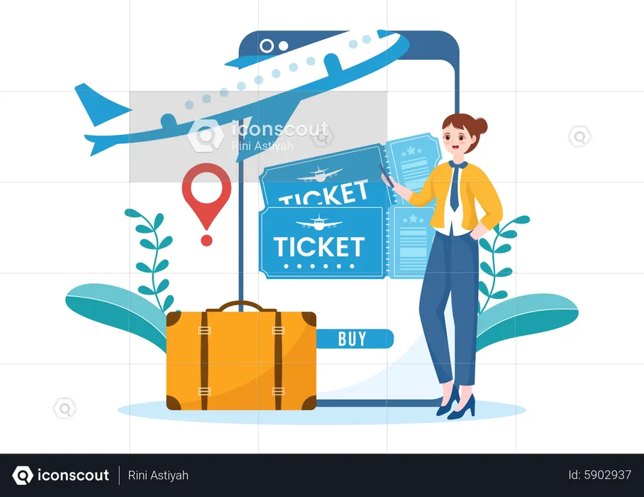 Woman booking flight using online booking  Illustration