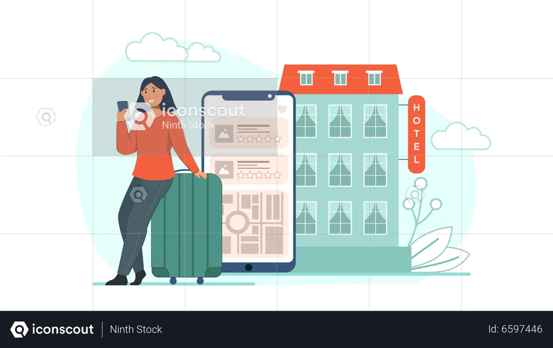 Woman booking hotel on mobile  Illustration