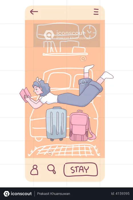 Woman booking hotel through smartphone application  Illustration