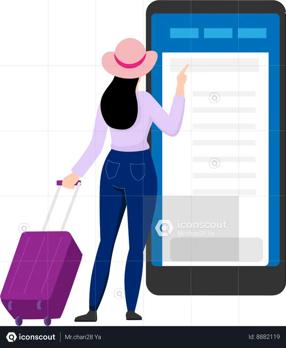 Woman booking online airline tickets on mobile  Illustration