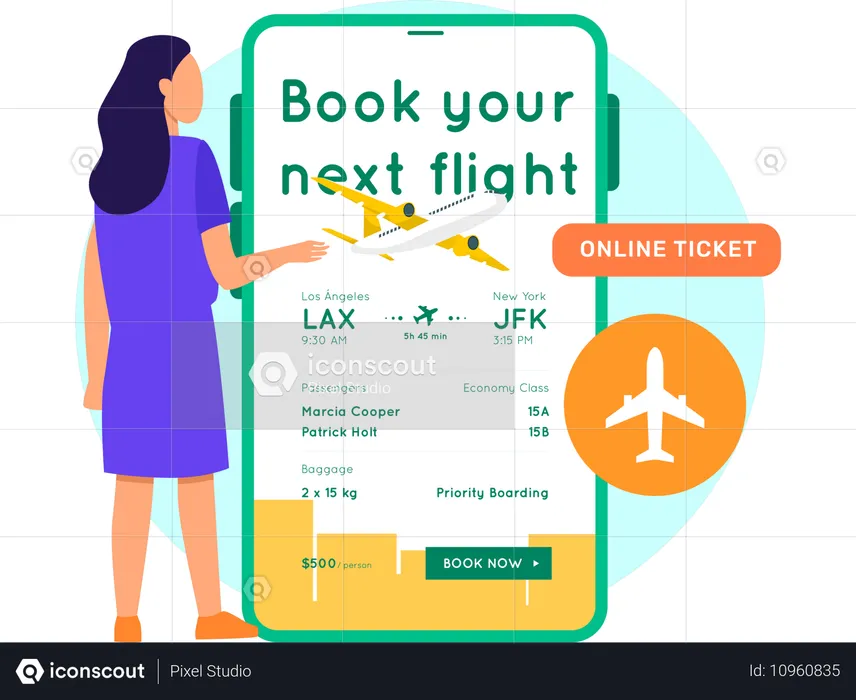 女性がオンラインでフライトを予約  イラスト