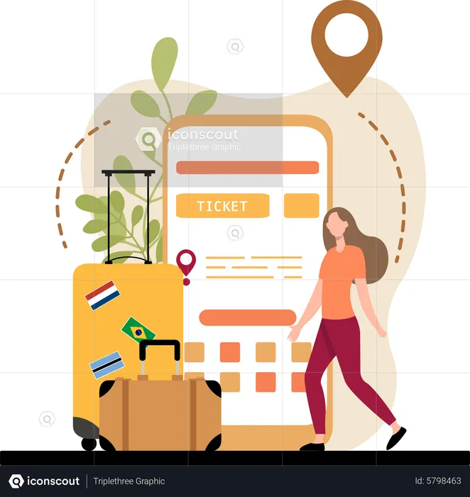 Woman booking plane ticket on mobile  Illustration