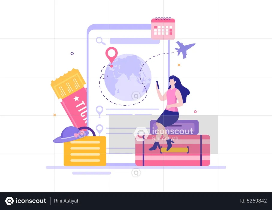 Woman booking travel ticket from mobile  app  Illustration