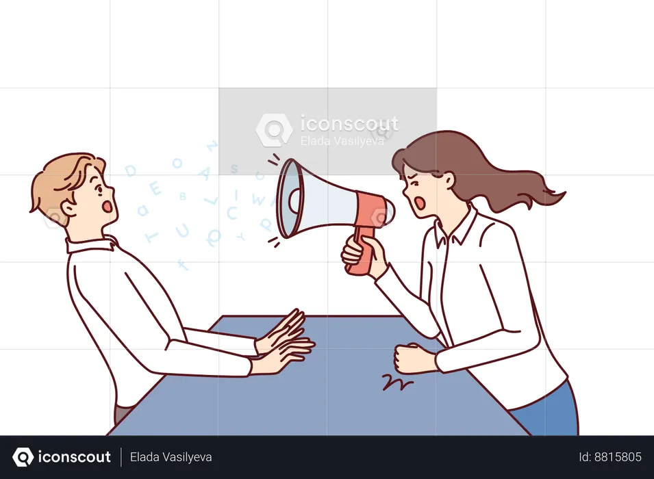 Woman boss yells at subordinate through megaphone  Illustration