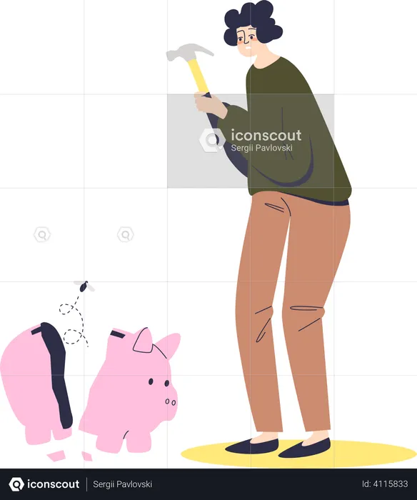 Woman braking empty piggy bank  Illustration