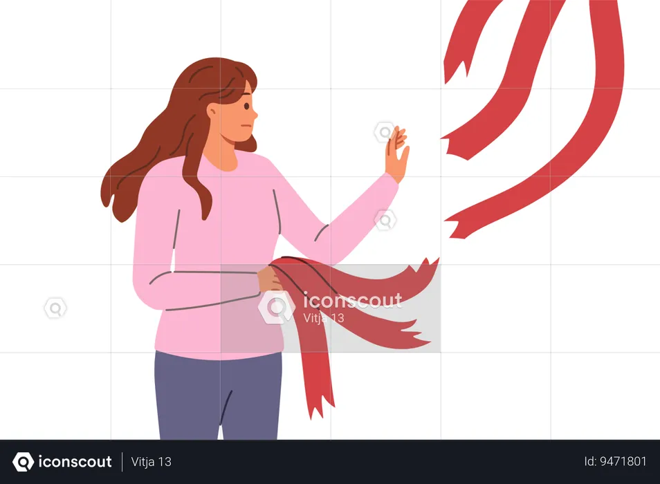 Woman breaking old ties in form of ribbons hanging from above for concept of ending relationship  Illustration