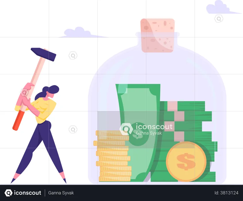 Woman breaking savings jar  Illustration