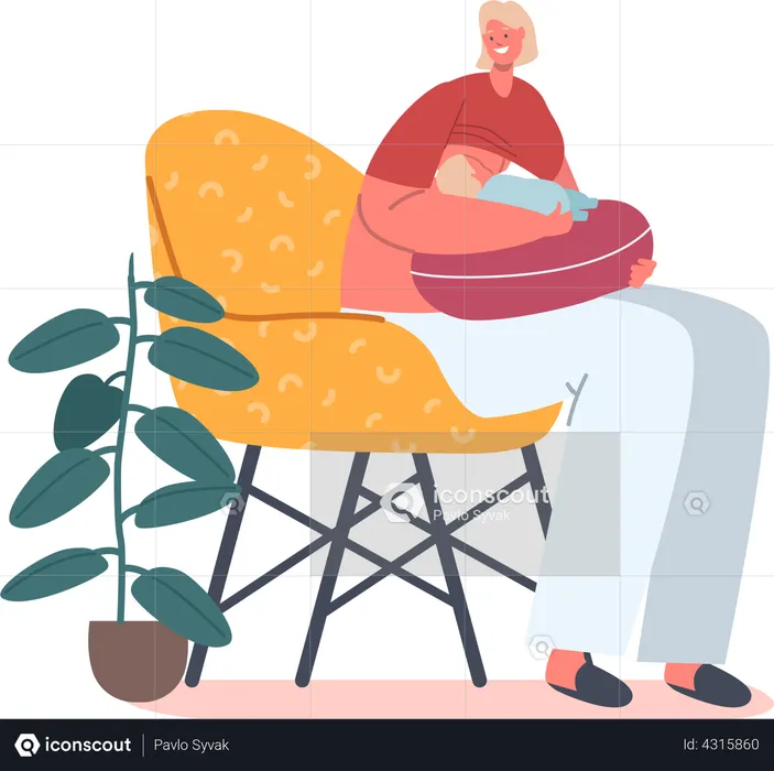 Woman breastfeeding little child while sitting on chair  Illustration