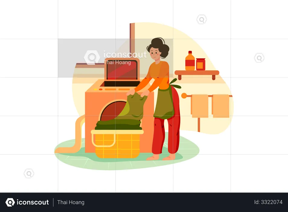Woman bringing clothes in washing machine  Illustration
