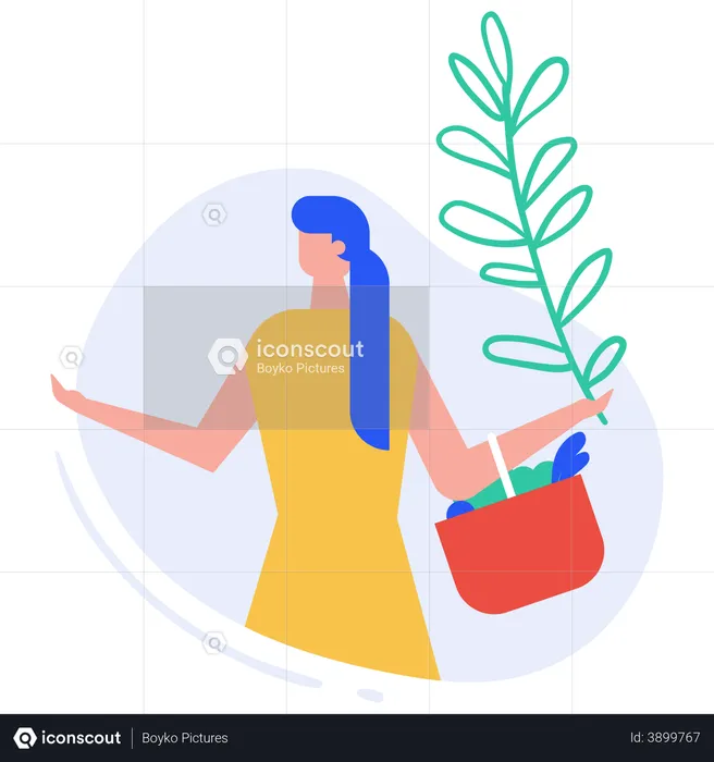 Woman bringing house plant and vegetables  Illustration